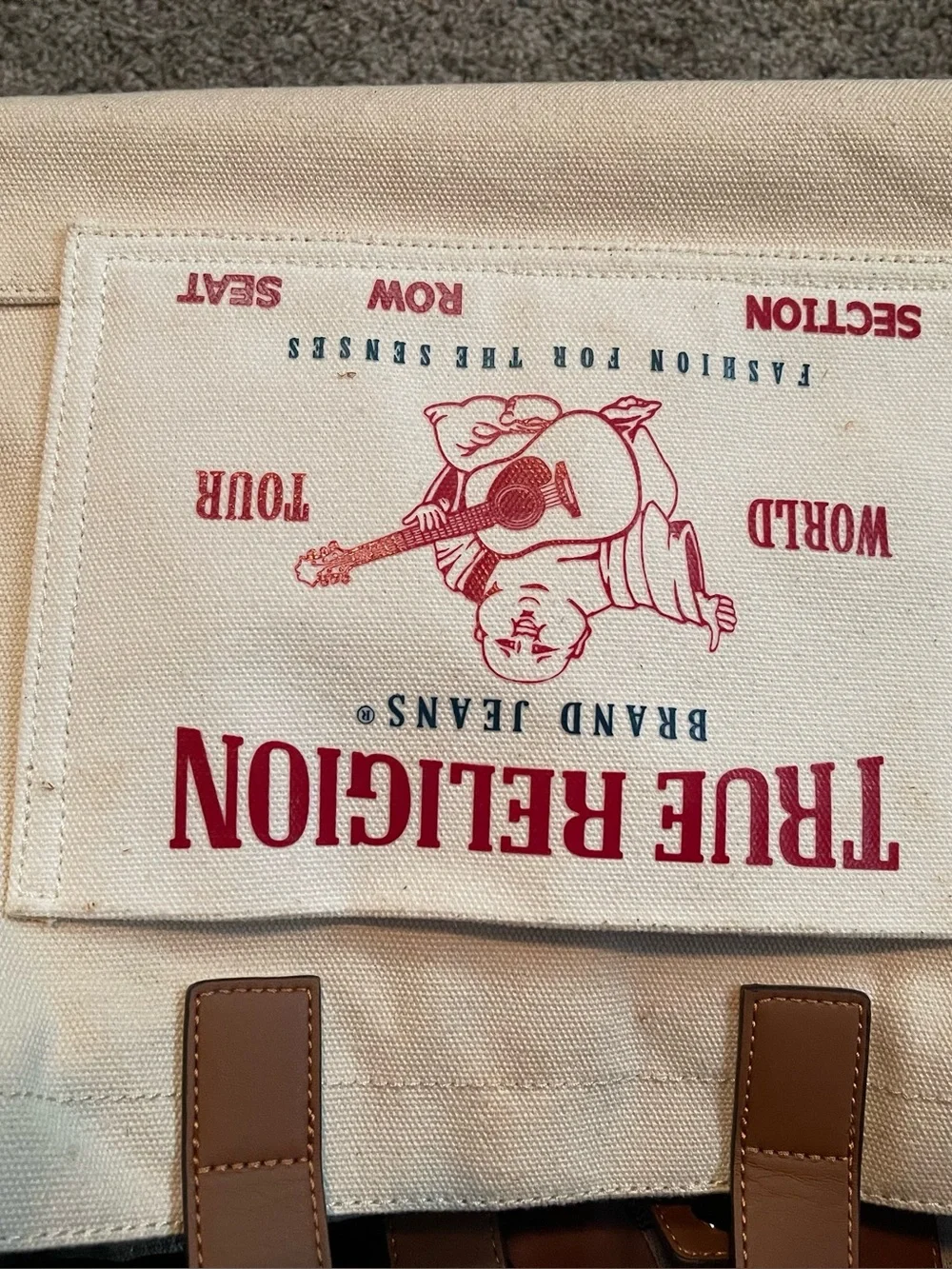 True Religion Beige Canvas Tote Bags with Brown Handles and Tan Crossbody - Picture 3 of 3